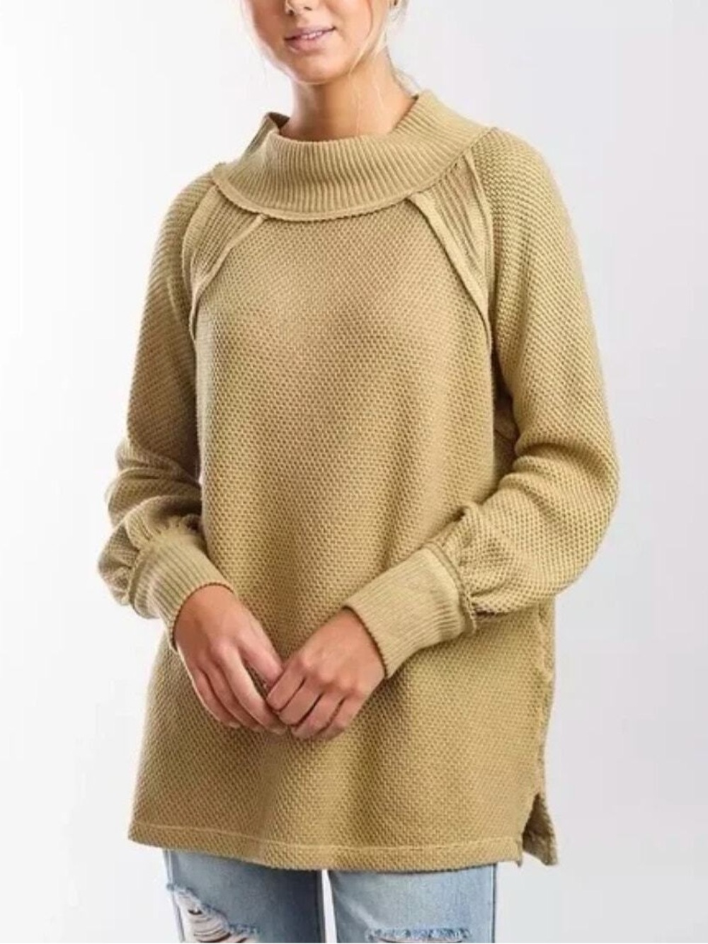 FREE PEOPLE She's A Keeper Thermal Waffle Knit Sweater Winter Wheat Tan we the f